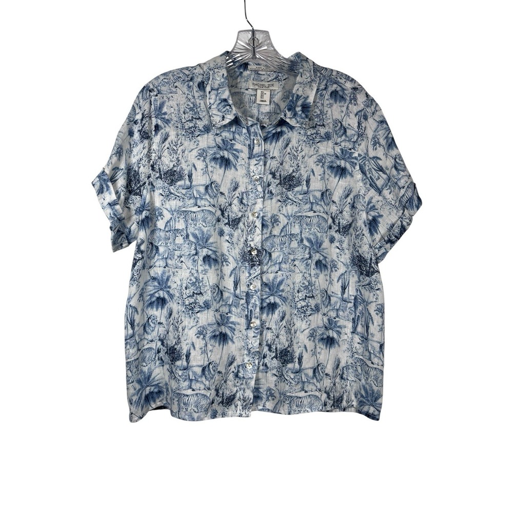 RACHEL ZOE Sz L Top 100% Linen White Blue Safari Animal Print Camp Shirt Boxy